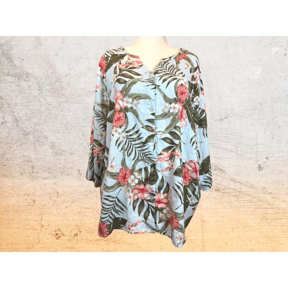 Naturals d&co Linen Viscose Tropical Botanical Tunic Top XL Lagenlook Blue